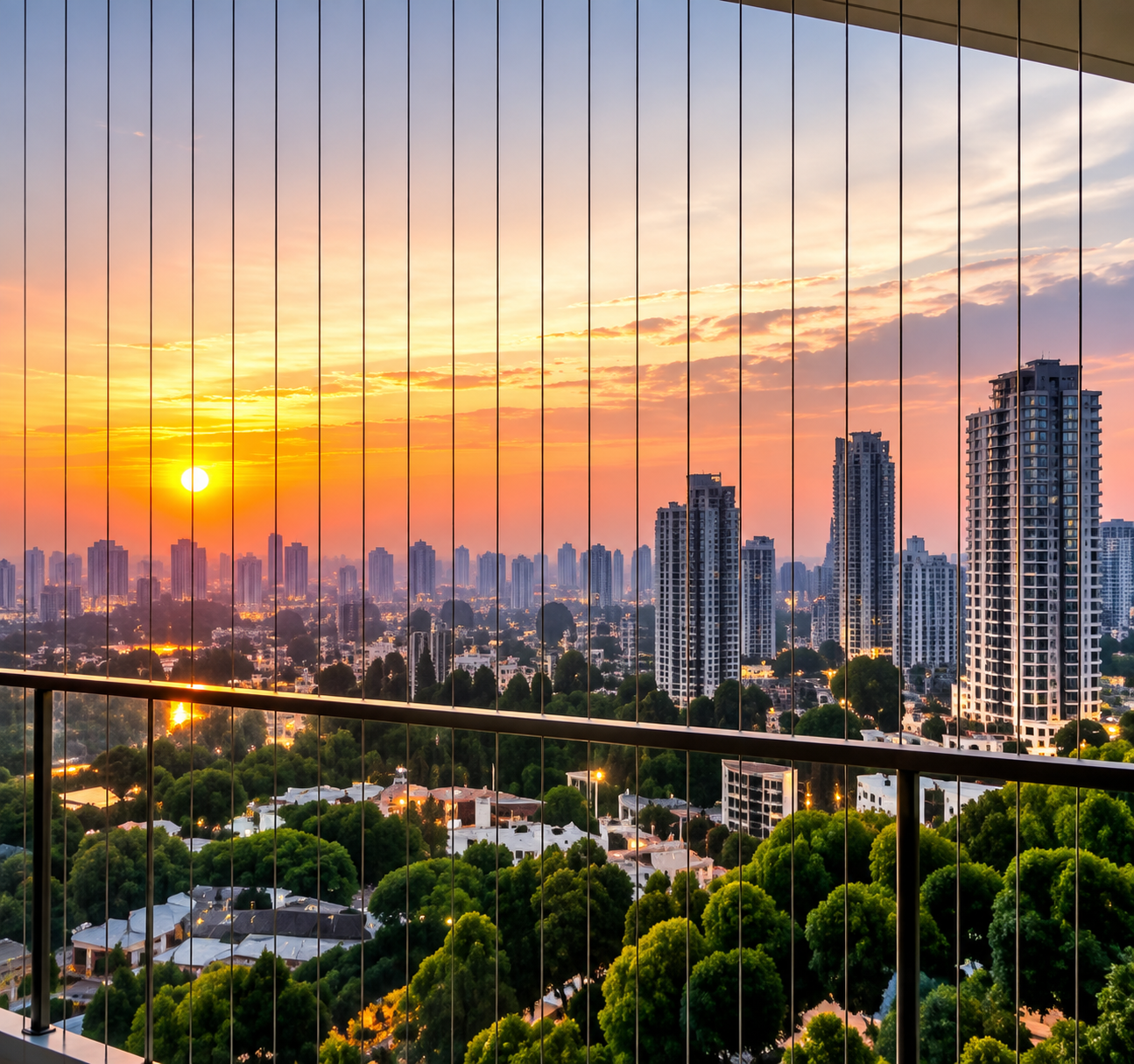 High-rise balcony invisible grill installation with a clear exterior view