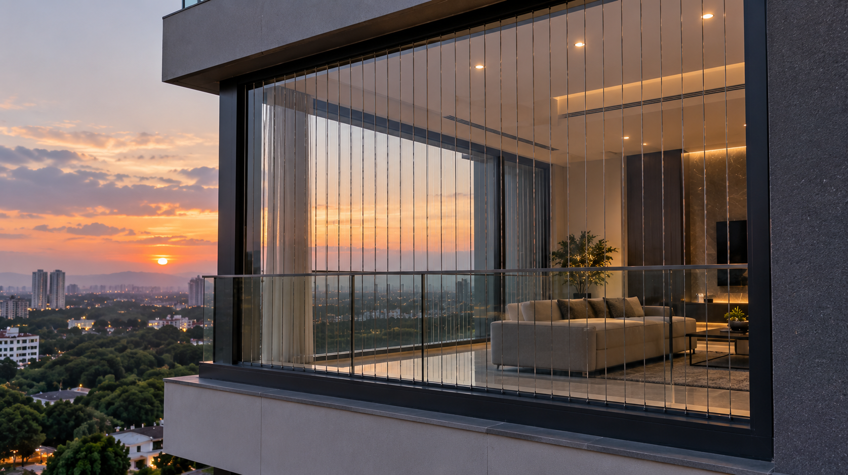 Invisible grill installed across a contemporary apartment balcony in Pune